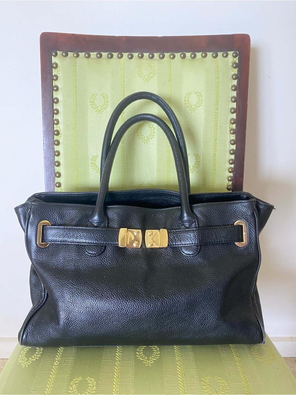 Onna Ehrlich Maya Black Pebbled Leather Satchel Tote Bag Gold Hardware Classic